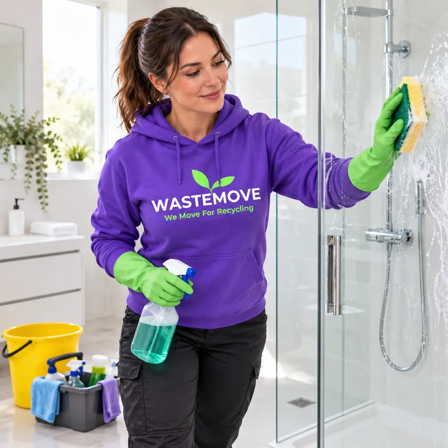 WasteMove cleaner scrubbing a glass shower screen during a bathroom deep clean